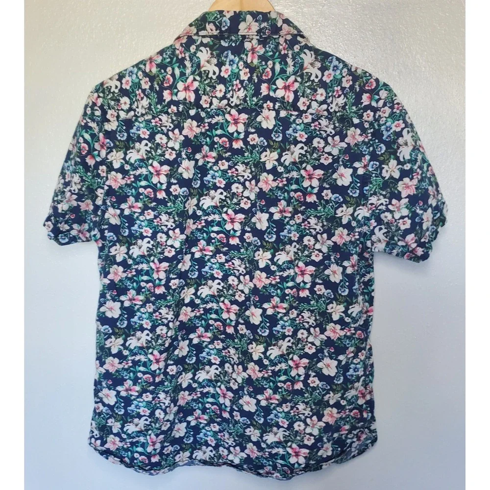 Denim‎ Flower Ricky Singh Mens Short Sleeve Button Up Floral Shirt Medium